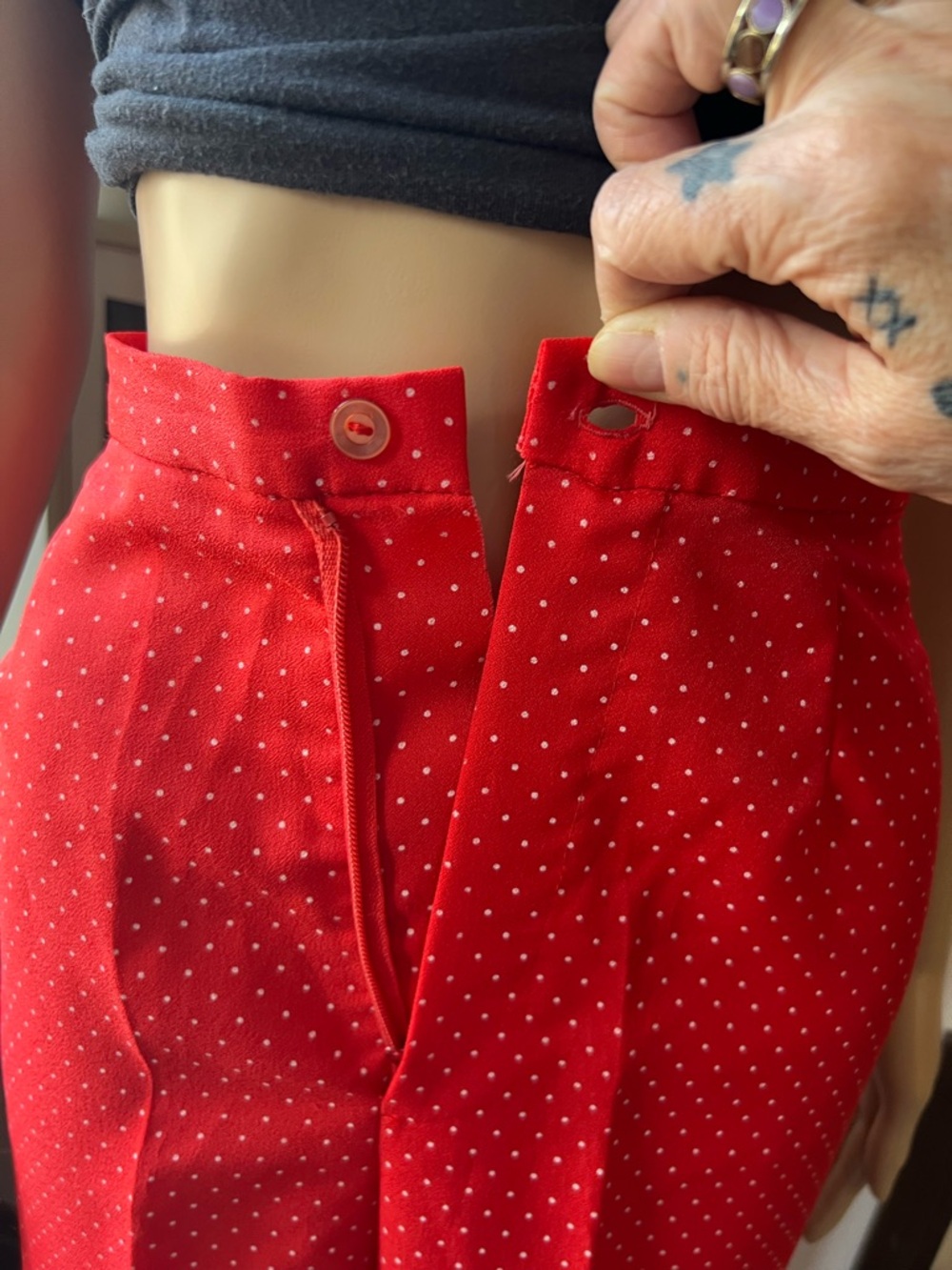 Vintage Handmade Wide Leg Red Polka-Dot Pants - Women's Stylish High-Rise - Picture 7 of 16